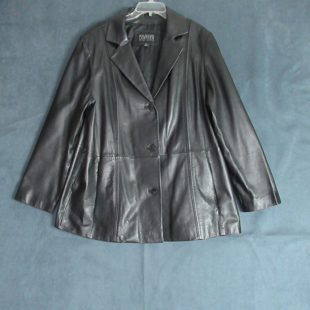 Wilsons Pelle Studio Leather Jacket Men 2X Black Button Coat Retro Moto Designer